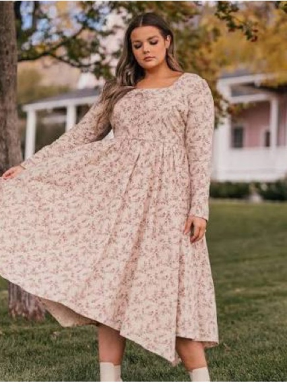 Jessakae The Bramble Floral Square-Neck Long Sleeve Midi Dress - Cream Floral